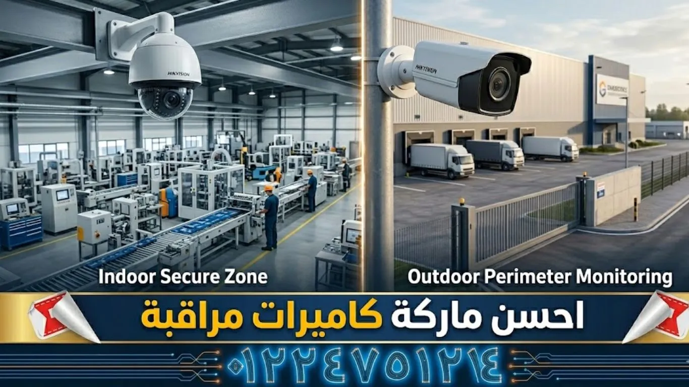 صورة إعلانية منقسمة رأسياً تقارن بين حلول المراقبة الداخلية والخارجية. على اليسار، منظر لداخل مصنع حديث "منطقة داخلية آمنة" (Indoor Secure Zone) مع آلات وعمال، وتظهر كاميرا مراقبة بانورامية (Dome Camera) بيضاء من نوع HIKVISION معلقة في السقف. على اليمين، منظر خارجي لمنشأة صناعية وبوابات "مراقبة المحيط الخارجي" (Outdoor Perimeter Monitoring) مع شاحنات وبوابات، وتظهر كاميرا مراقبة خارجية أنبوبية (Bullet Camera) بيضاء من نوع HIKVISION مثبتة على عمود. في الأسفل، شريط ذهبي وفوقه شريط أزرق متموج. النص الذهبي مكتوب باللغة العربية: "احسن ماركة كاميرات مراقبة" (The best brand of security cameras). أدناه، الرقم مكتوب باللون الأزرق المضيء على شكل دوائر: "٠١٢٢٤٧٥١٢٧٤".