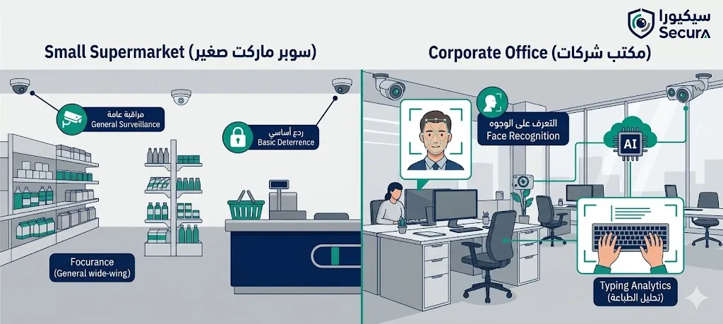 لماذا يختلف اختيار نظام كاميرات المراقبة حسب نوع المكان؟  طبيعة العمل المختلفة من شركة لأُخرى والأشياء التي تحتاج مراقبة أو متابعة تحدد نوع الكاميرات المطلوبة.  على سبيل المثال تأمين سوبر ماركت صغير لا يحتاج لكاميرات ذات تكنولوجيا متقدمة مثل الذكاء الإصطناعي المدمج في بعض الكاميرات لتحديد وحفظ أوجه الأشخاص المتواجدون في المكان.  على عكس إحدى الشركات التي من المهم أن تُظهر الكاميرات أدق التفاصيل في المكان من أوجه الأشخاص وتحركاتهم وصولاً إلى ما يكتبونه على لوحة مفاتيح الكمبيوتر الخاص بهم.  وهو ما يضمن سير العمل جيداً ومتابعة الأحداث بدقة عالية في الشركة، لذلك يختلف اختيار نظام الكاميرات من مكان لمكان آخر.  تعاملك مع شركة تركيب أنظمة أمنية إحترافية مثل شركة سيكيورا للأنظمة الأمنية يضمن لك إختيار نظام كاميرات يتناسب بشكل كامل مع نظام شركتك وميزانيتك.